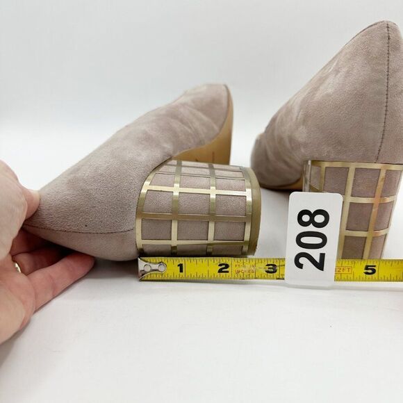 Brian Atwood‎ Karina Taupe Suede Block Heel Pumps With Gold Grid Heel Design 10 - Picture 9 of 16